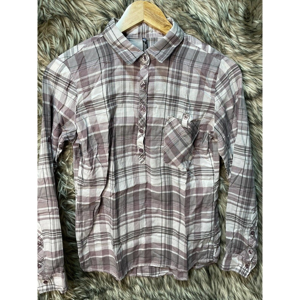 Kuhl Plaid Blouse Lavender 1/4 Button Up Shirt Women's size S - Picture 1 of 6